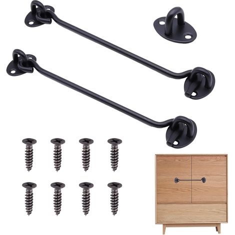 2 x 203mm black stainless steel cabin hooks – heavy-duty door lock with screws – security hook for sliding doors, windows, cabinets, garage, garden, shed – indoor protection (1/5)