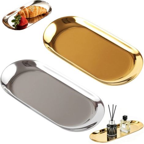 Juego de 2 piezas de bandeja ovalada de acero inoxidable para joyas y pequeño recipiente de almacenamiento. (1/5)