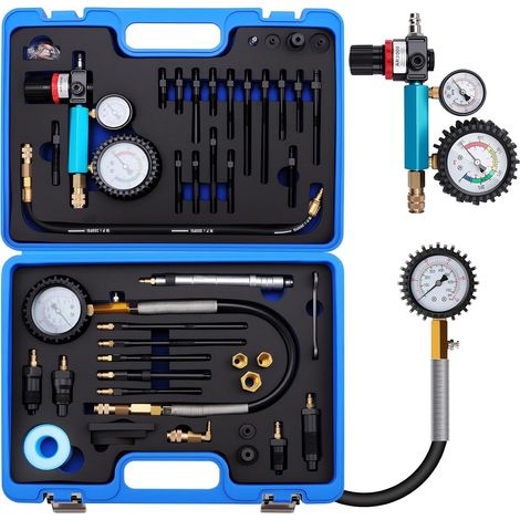 KAOLALI 46 Pieces Compression Tester for Petrol and Diesel Engines 0 50 Bar 0 725 Psi Double Pressure Gauge Clear Reading Suitable for HDi TDCi Engines for Cars Trucks Motorcycles (1/5)