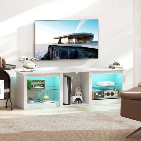 Meuble TV blanc 160cm avec éclairage LED, étagères vitrées réglables, compatible écran jusqu'à 70 pouces (1/5)