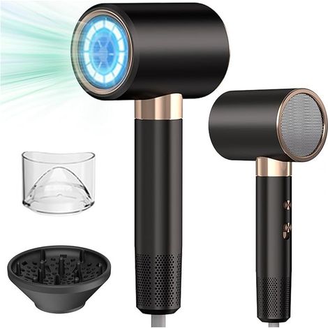 Sèche-cheveux ionique professionnel 2400W, bouton air chaud/froid, 3 niveaux de température, diffuseur inclus, idéal pour salon de coiffure et usage domestique (Noir) (1/5)