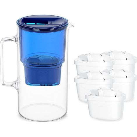 Carafe Filtrante Verre 3l, Carafe et 5 Filtre - Bleu (1/5)