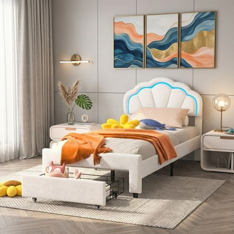 Lit Enfant 90x200 cm, Lit Double capitonné avec tête de lit et sommier à Lattes, Lit simple avec LED, tiroir pour Enfants Adolescents et Filles, Blanc (1/5)