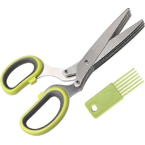 Ciseaux à herbes, ciseaux tranchants à 5 lames pour hacher des herbes adapté à la ciboulette Cive oignon ail vanille avec peigne de nettoyage (1 paquet, vert),2024 ping (1/5)