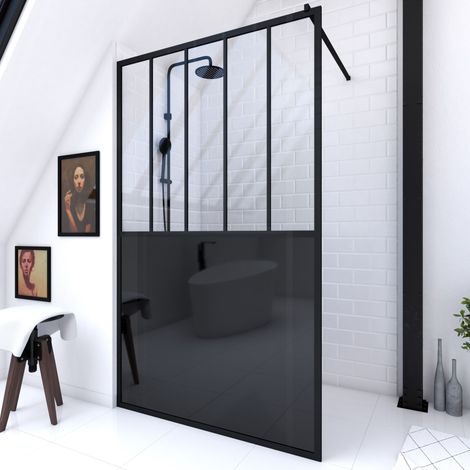 paroi de douche 120x200 cm type verriere - verre trempe et structure aluminium noir mat