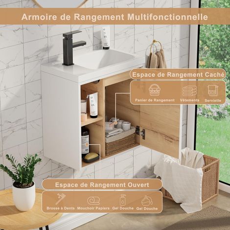 UEV – Meuble lave-mains mural 51 x 30,5 x 54 cm – Lavabo en résine anti-taches – Rangement caché et ouvert – Design moderne blanc