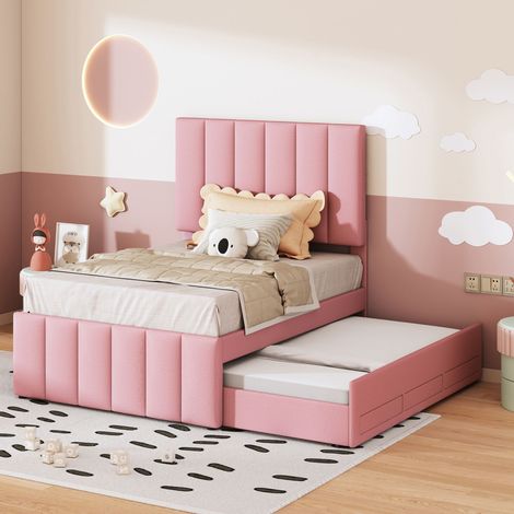 Lit gigogne enfant 90x200 cm, lit banquette rembourré en lin rose avec tiroirs de rangement, lit d'appoint extensible, sommier inclus sans matelas (1/5)