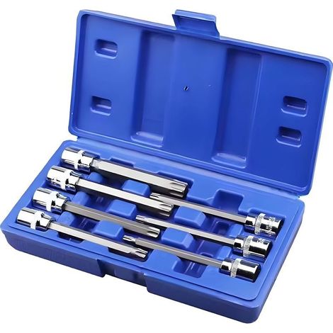 7-teiliger 3/8"-Außengewindeschlüsselsatz für lange Bits T25, T30, T40, T45, T50, T55 und T60, 110 mm, mit Koffer. Satz mit 7 langen Bits von T25 bis T60. (1/5)