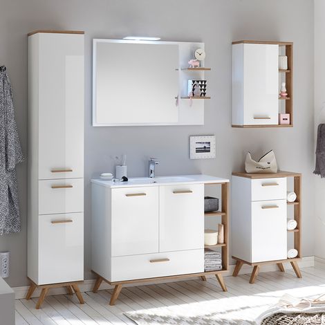 Badezimmer Möbel MALANJE-66 Set in weiß glänzend & Riviera Eiche quer Nb., mit Waschtisch - B/H/T: 217x205x46cm (1/5)