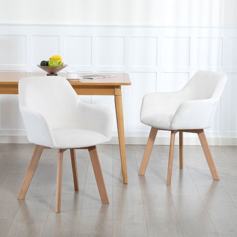 Set di 2 sedie da pranzo, stile poltrona, seduta imbottita in tessuto effetto velluto, gambe in legno, color crema