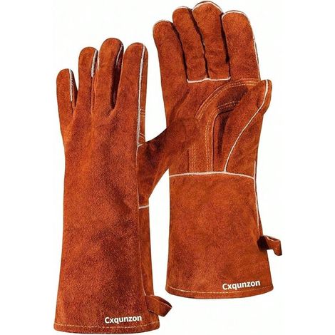 Gants de soudage MIG en cuir : résistants à la chaleur et au feu, adaptés au soudage, au grill BBQ et à la cheminée, couleur marron. (1/4)