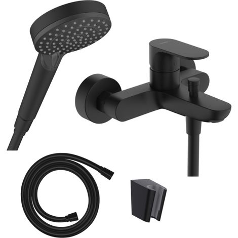Conjunto de grifería mecánica para bañera/ducha HANSGROHE Rebris S + cabezal de ducha Vernis Blend 2 chorros + manguera Isiflex 160 cm + soporte negro mate (1/5)
