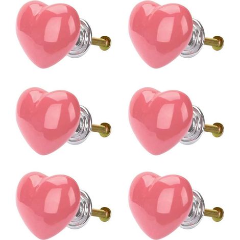 Lot de 6 boutons de tiroir vintage en céramique, forme cœur rose pour meubles cuisine, armoire, chambre. (1/5)