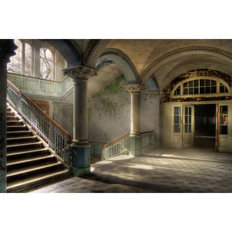 Papier peint panoramique vintage escalier 3D | Tapisserie panoramique trompe l'oeil manoir | Papier peint panoramique pour couloir - 267 x 400 cm (4 pièces) (1/2)