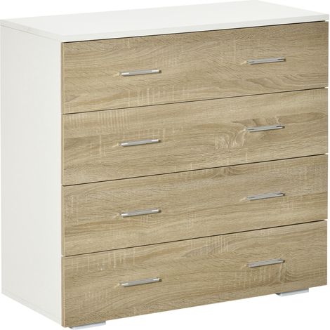 Commode à 4 tiroirs, buffet moderne pour chambre, entrée, salon, 76 x 35 x 72 cm, chêne et blanc