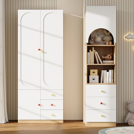 Set Armadio e Scaffale 130x50x200cm con Appendiabiti e Cassetti Legno Stile Nordico Bianco e Naturale