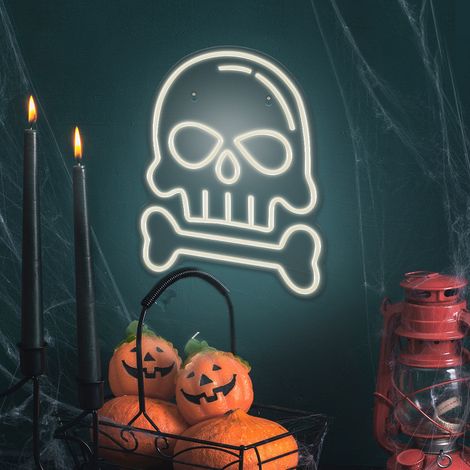 Forever Light Light Neon Lamp Cartel para decoración de pared de Halloween con puerto USB, luz de ambiente, elemento decorativo perfecto, ideal para interiores (calavera con hueso) (1/2)