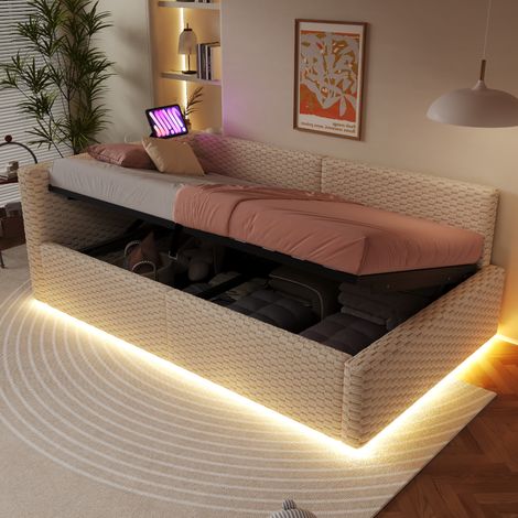 Lit capitonné 90x200 cm, éclairage LED intégré, ports USB et lecteur cassette, tête de lit rembourrée en L, tissu velours, sommier à vérins hydrauliques, beige, sans matelas (1/5)