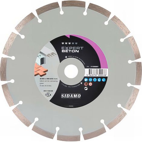 Sidamo – Disque diamant 230mm pour meuleuse – Tronçonnage à sec et à eau – Alésage 22.23mm – Coupe béton armé, parpaing, pavé (1/2)