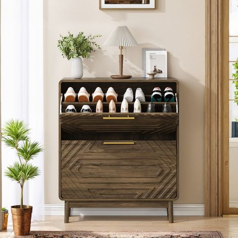 Meuble à chaussures en bois noyer 80x24x95cm, autoportant moderne milieu de siècle, 2 tiroirs abattants pour entrée couloir (1/5)