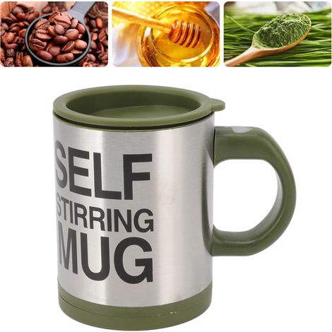Tasse à café électrique avec couvercle, en acier inoxydable, pour mélanger automatiquement le lait et le café, tasse à mélanger paresseuse, vert armée. (1/5)