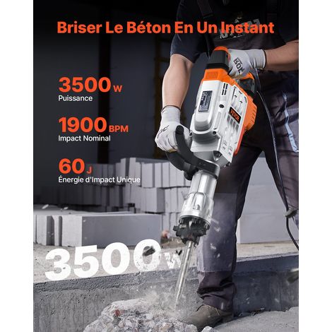 Marteau de Démolition 3500 W Marteau-Piqueur 60 J 1900 BPM Marteau Perforateur avec 2 Burins Remplaçables Poignée Rotative 360° Anti-Vibration Brise-Béton pour Burinage Construction Plomberie (1/5)