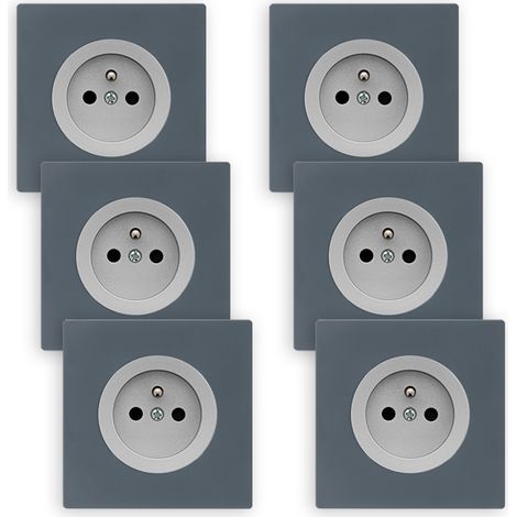 6 prises 2P+T ALU glossy DOM + 6 plaques simples blue grey (1/5)