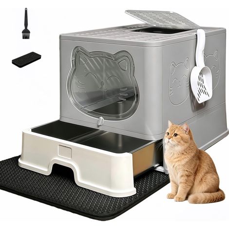 Bac à litière fermé avec Toit/Couvercle et tiroir en Acier Inoxydable – Litière pour Chat avec Filtre à Charbon Actif Contre Les odeurs, Pelle et Tapis de litière (1/5)
