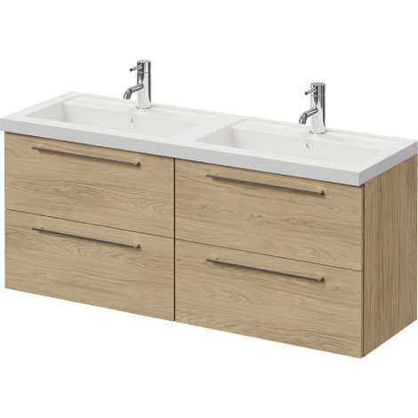 Napoli 390 Light Oak 1200mm Wall Mounted 4 Drawer Vanity Unit with Double Lucia Basins - 1200mm - Chrome 320mm Handle