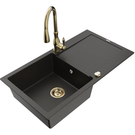 Mexen Leo lavello in granito 1-vasca con gocciolatoio e rubinetto cucina Savita, nero/oro metallizzato - 6501-75-672601-50 (1/5)