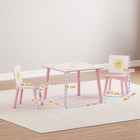 Set di 3 pezzi composto da tavolo e sedie per bambini, tavolo con 2 sedie in legno di pino per bambini dai 3 anni in su, 60x60x44 cm, rosa (1/5)