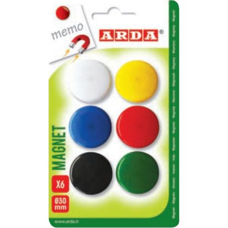 Arda Magneti assortiti 3cm in plastica, set 6 pezzi, colori vari, confezione blister