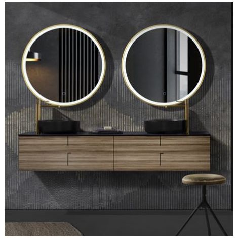Miroir avec éclairage LED pour salle de bain, chambre, dressing rond, éclairage frontal tri-LED double capteur antibuée Ø 70 cm Or brossé (1/5)