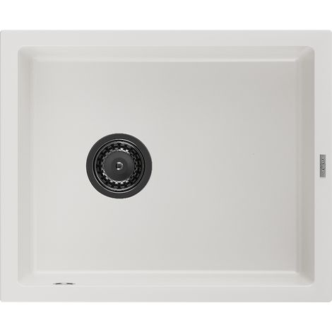 Mexen Pedro évier en granit à 1 cuve 560 x 460 mm, Blanc, siphon Noir - 6508561000-20-B (1/5)