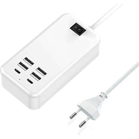 USB C, chargeur USB à 6 ports, 2 ports USB-C + 4 ports USB-A, chargeur multi-USB compatible avec plusieurs appareils tels que iPhone/Samsung/tablette (1/4)