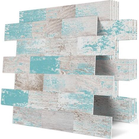 10-Pièces Dalle Plaque PVC Credence Adhesive Carrelage Carreaux Adhesif Mural Cuisine pour Salle de Bain,Bleu (30.5x 30.5cm) (1/4)