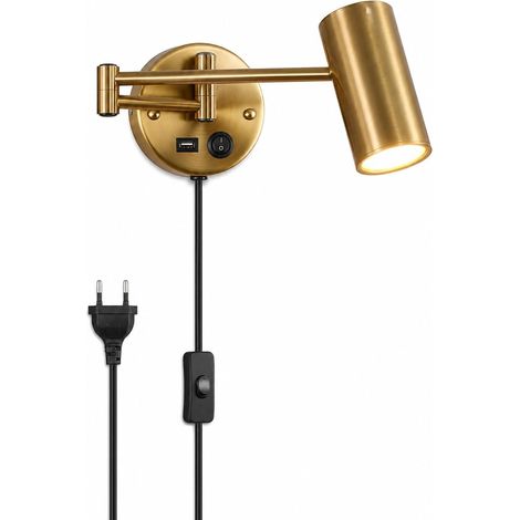 Lampe de Lecture Murale avec Prise et USB, E27, Dorée 7W 3000K Applique Murale de Chevet, Câble 150 cm, Bras articulé orientabl, pour Chambre Salon Bureau (1/5)