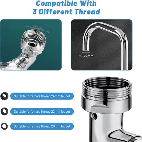 1440° Wasserhahn-Luftsprudler, Wasserhahnverlängerung mit schwenkbarem Spritzschutz, universeller Zerstäuber-Wasserhahnadapter für Küche, Bad, Spüle, M22/M20/M24 (1/4)