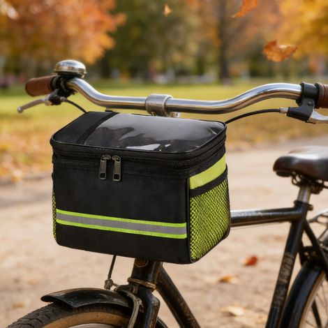 Bolsa impermeable para manillar delantero y tubo superior de bicicleta con soporte para teléfono (verde). (1/4)