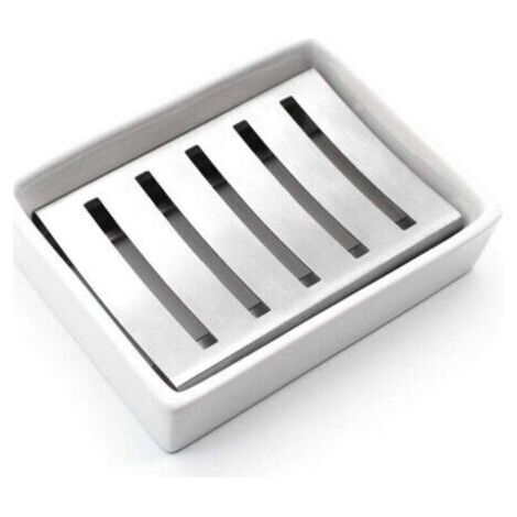Porte-Savon en céramique Porte-Savon en Acier Inoxydable pour Salle de Bains et Douche Double Couche Drainant Soap Box (1/5)
