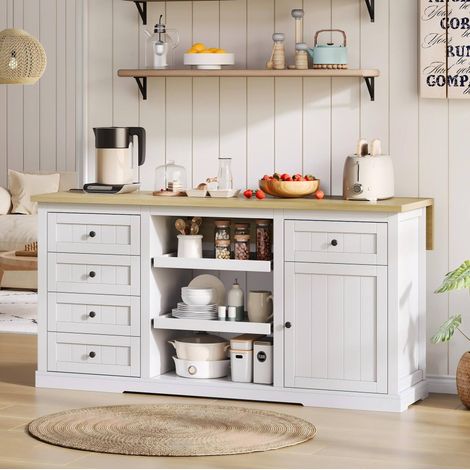 Credenza da cucina 150 x 65 x 75,5 cm, 5 cassetti, prese USB, bianco e legno HAVRYA (1/5)