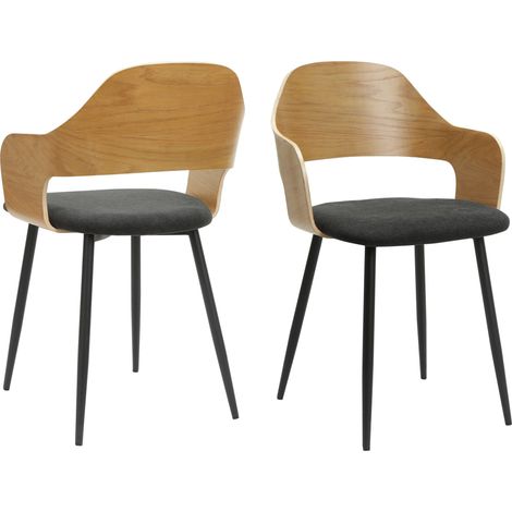 Belle-Chaise de salle à manger avec accoudoir en tissu aspect chêne noir Set de 2 (1/5)