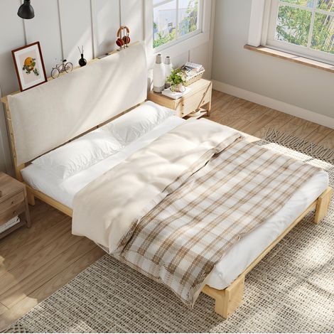 Cama individual infantil 140x200 cm de madera y tela natural, escandinava FloraGrace (1/5)