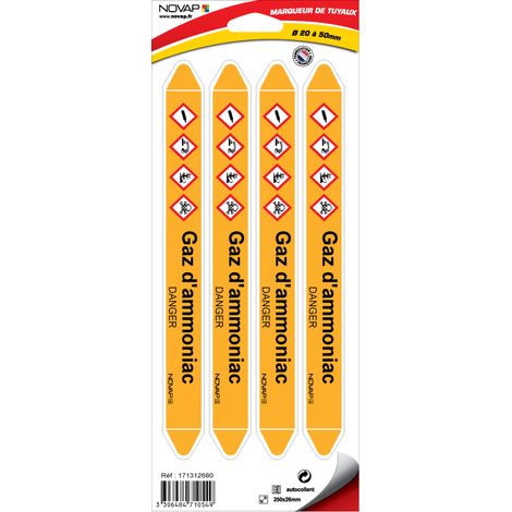 Planche de 4 marqueurs de tuyauterie 250 x 26 mm pour Ø 20 à 50 mm - Gaz d'ammoniac - 4710549