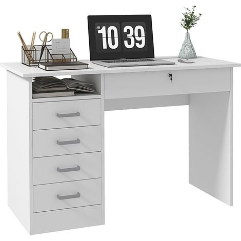 Moderner Schreibtisch mit 5 Schubladen, großer Arbeitsfläche, 1 offenem Fach, abschließbarer Schublade, 110 x 50 x 76 cm, weiß