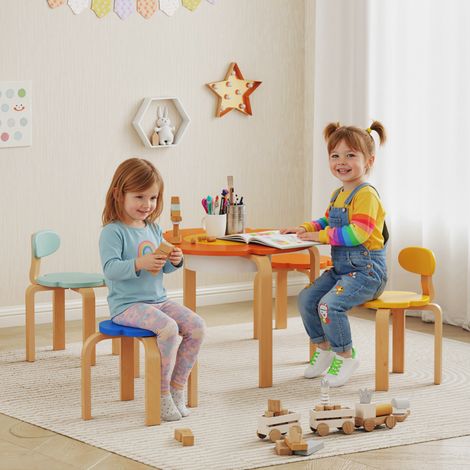 Ensemble table et chaises pour enfants (5 pièces), avec sac de rangement, motif floral, idéal pour la salle de jeux ou la chambre d'enfant, en bois coloré. (1/5)