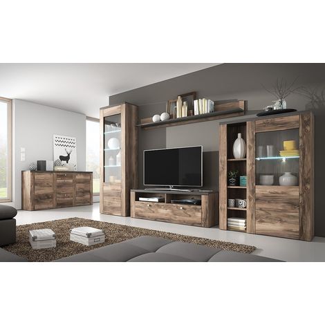 Ensemble de 5 meubles de salon collection SANTIAGO. Coloris noyer et noir effet bois. (1/5)