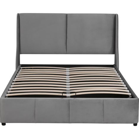 Cama doble tapizada 140x200 cm con arcón hidráulico y somier de láminas gris (1/5)