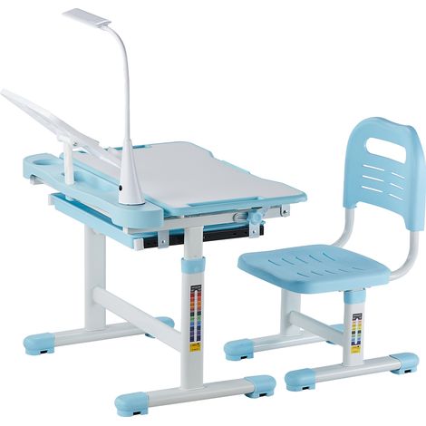 Mophorn Höhenverstellbares Schreibtisch-Set für Kinder mit Arbeitstisch und Stuhl (53-71 cm), belastbar bis 100 kg, inklusive Tischlampe und neigbarer Tischplatte (0–40°) in Blau (1/5)
