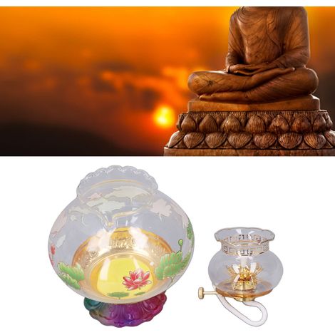 Lotusbutterlampe für buddhistische Schreine, für den Hausgebrauch, flüssig, winddicht, für Opfergaben an Buddha, Guanyin und den Gott des Reichtums, ewige Lampe, Sockel mit Farbverlauf und mittelgroße (1/5)
